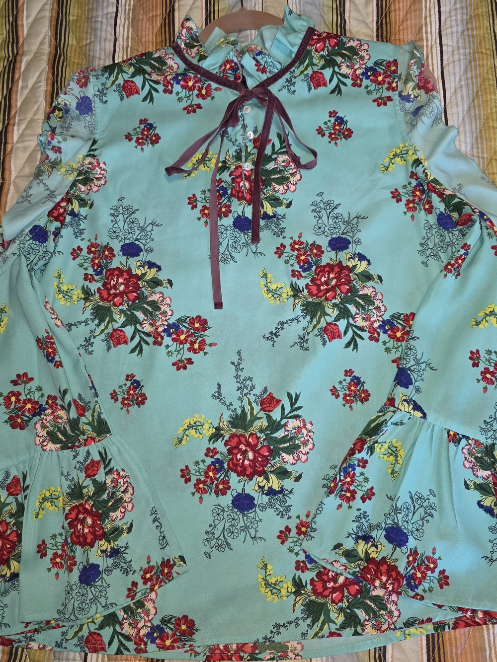Rock & Roll Cowgirl Teal Floral Tie-Neck Blouse with Burgundy Ribbon